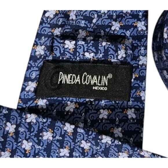 PINEDA COVALIN Men's Silk Necktie LUXURY Tie Blue Prehispanic Fish W:3.7" EUC - Picture 2 of 5